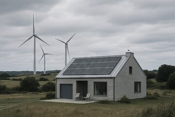 Modern sustainable modular eco home with solar panels and wind turbines in rural landscape. concept of renewable energy, eco-friendly living, green technology
