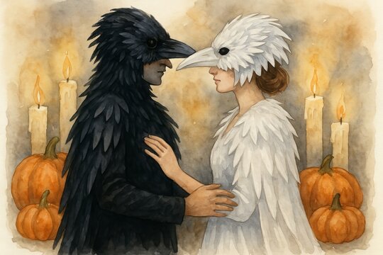 Crow masks halloween couple in black and white costumes at candlelit pumpkin decor scene. concept of halloween celebration, couples costume, spooky decor - Powered by Adobe