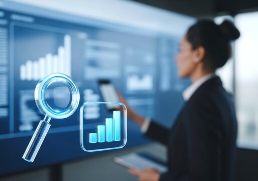 Businesswoman analyzing digital data on large screen with holographic analytics icons