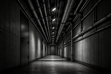 Shadowy industrial corridor with overhead pipes in grayscale for urban exploration and architectural study concepts