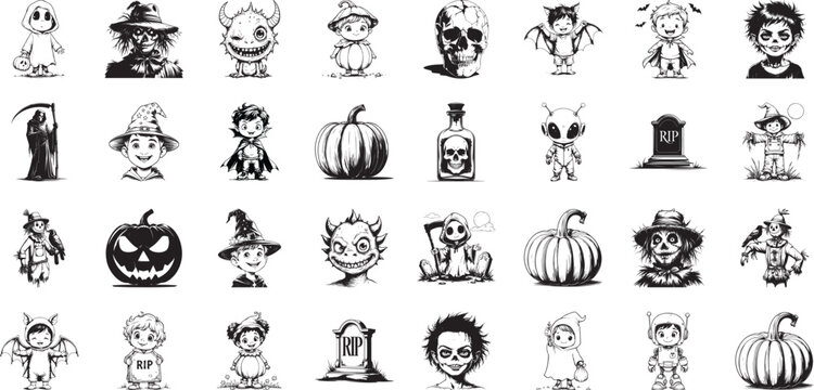 Whimsical Halloween Characters: A delightful assortment of Halloween characters, each with its own unique charm, perfect for adding a touch of spooky fun to any project.
