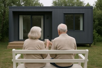 Elderly couple enjoying a relaxing tea time outside a modern modular home on a quiet day. concept of tranquility, outdoor leisure, simple living