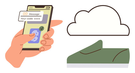 Hand holding smartphone with fingerprint authentication and code verification, accompanied by cloud icon. Ideal for security, technology, data protection, privacy, mobile access, cloud storage