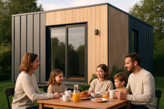 Family enjoying breakfast together outside a modern modular home in a peaceful green setting. concept of family bonding, outdoor dining, contemporary architecture. - Powered by Adobe