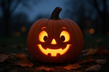 Glowing jack-o'-lantern amidst leaves.