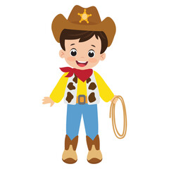 Cute little cowboy with lasso vector cartoon illustration