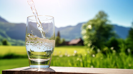 Refreshing pure water being poured into glass on wooden table in sunny idyllic countryside with mountains, perfect for healthy lifestyle