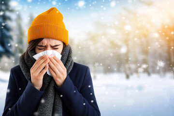 Sick woman blowing her nose with a tissue while standing in a snowy winter forest, surrounded by tall trees and falling snowflakes