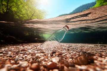 Plastic bottle floating underwater in a clear river with a rocky bottom, highlighting environmental pollution and the need for conservation