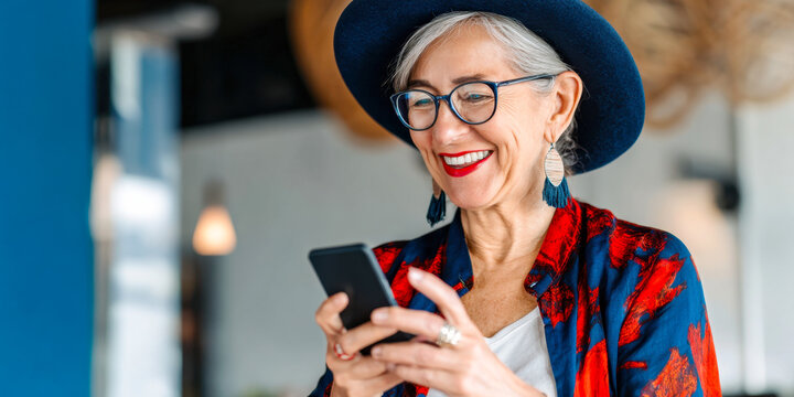 Modern grandmother enjoys smartphone in vibrant contemporary cafe setting - Powered by Adobe