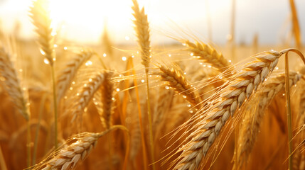 Golden wheat field is reflecting sunlight with water drops at sunset, creating a beautiful and serene agricultural landscape