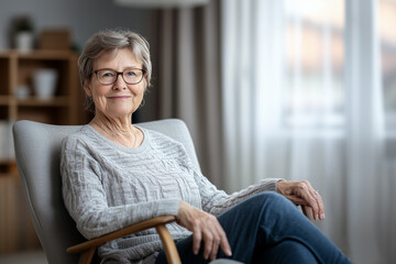 Smiling senior woman sitting comfortably in an armchair at home, looking directly at the camera with a cheerful expression