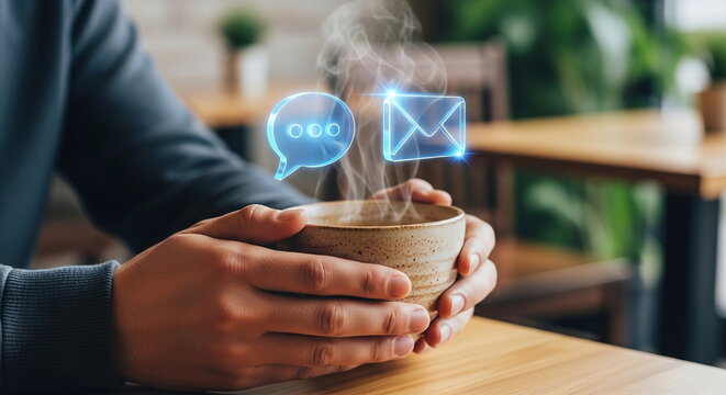 Person enjoys hot coffee with glowing digital chat and email communication symbols - Powered by Adobe
