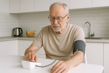 Senior man measuring blood pressure at home in a modern kitchen setting. concept of health monitoring, home care, medical device usage for elderly well-being.