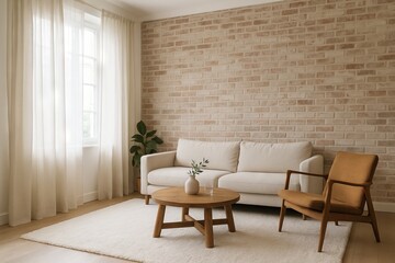 Fototapeta premium Bright living room interior featuring modern beige sofa and wooden chair arrangement. concept of cozy home decor, natural light, minimalist design, relaxed ambience