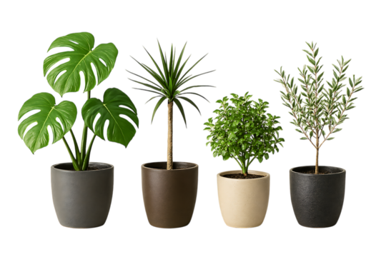 Four potted houseplants including monstera and olive tree isolated on transparent background