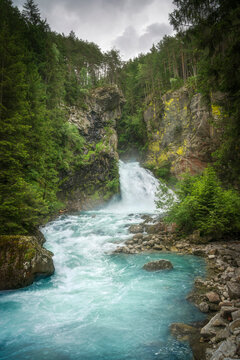 Riva waterfalls in the forest of South Tyrol. Aurina valley, Campo Tures. Italy