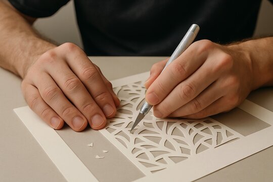Close-up of hands using knife to cut intricate pattern on paper. concept of precision, craftsmanship, detailed design work