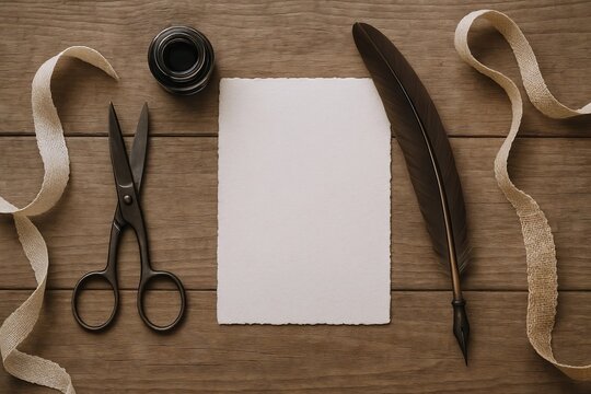 Creative tools set featuring blank paper, scissors, feather quill, and twine on wooden table for artistic inspiration and crafting concepts