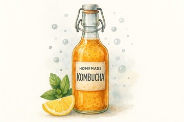 Watercolor illustration of homemade kombucha with lemon slice and mint. concept of refreshing drink, fermented beverage, natural wellness