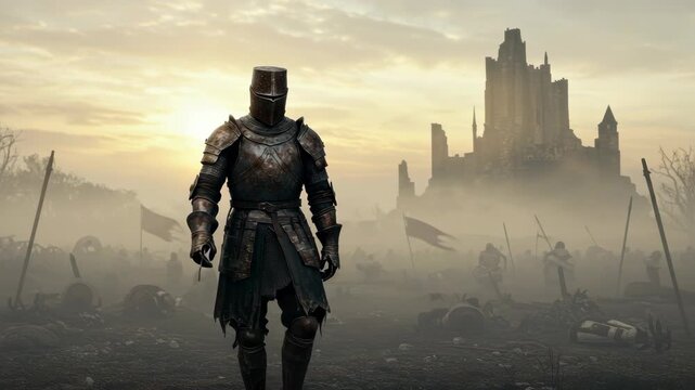 Armored knight on battlefield scene
