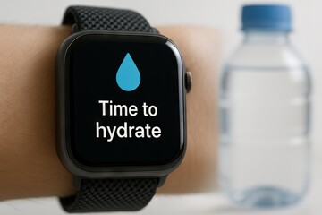 Reminder for hydration with smartwatch notification and water bottle for healthy lifestyle and wellness concept