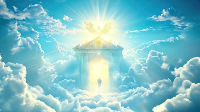 Person walking to the gates of heaven among blue clouds in the sky. Shining angel on top of portal to paradise. Christian end of life concept