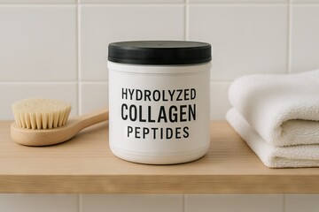 Container of hydrolyzed collagen peptides on wooden shelf in bathroom with brush and towels. concept of skincare, home organization, wellness routine