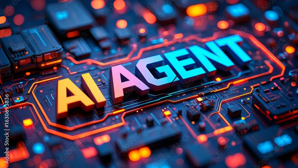 Aufkleber ai agent text on a futuristic, abstract technology background showing a glowing circuit board and di