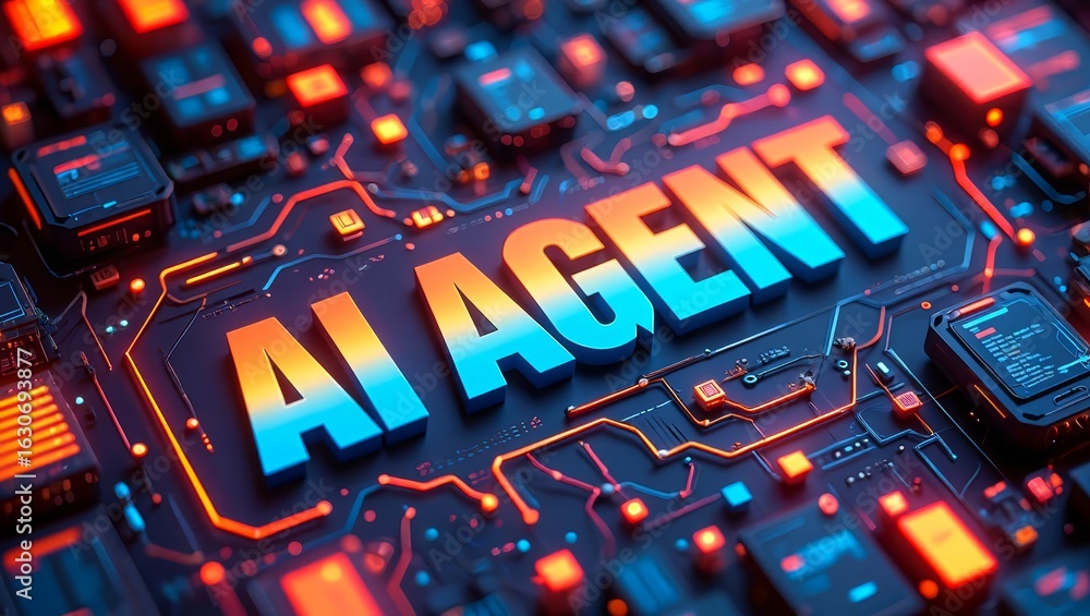 Aufkleber ai agent text on a futuristic, abstract technology background showing a glowing circuit board and di