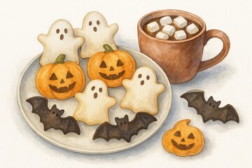 Halloween cookies and hot cocoa with ghosts, pumpkins, and bats illustration for festive fall celebration. concept of cozy treats, holiday sweets, spooky snacks