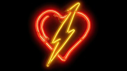 Neon heart with lightning bolt.  A glowing neon heart, outlined in red-orange, featuring a yellow-orange lightning bolt traversing it, against a pure black background. 