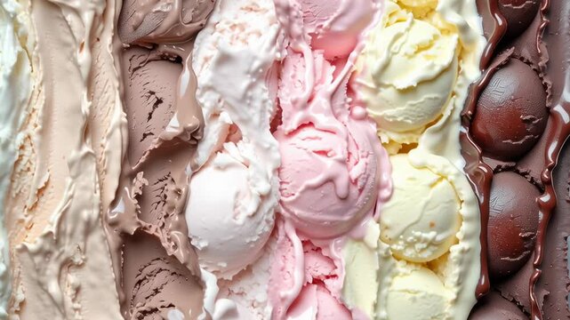 A row of ice cream scoops with different colors and flavors. Concept of variety and abundance, as there are many different types of ice cream available