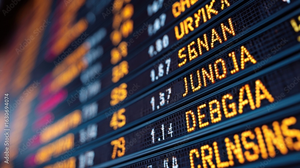 Poster stock market display showing various ticker symbols and stock prices with bright led screen in a fin