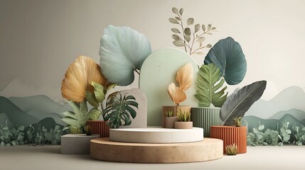 Natural-themed 3D podium mockup with simple round stand, beautiful leaf elements (banana leaf, palm), soft gradient white background, calming color palette, ultra-high detail