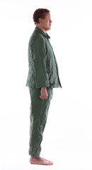 Fototapeta premium portrait of poor old man in pajamas on white background