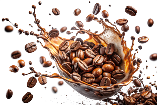 Photo of a dynamic splash of coffee liquid with roasted coffee beans flying around, isolated on a transparent background