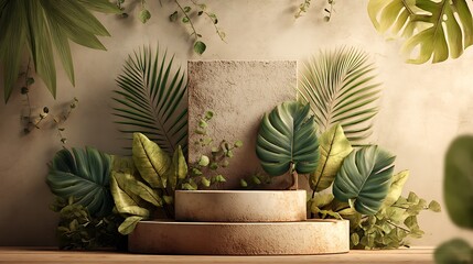 Realistic 3D product display podium with soft matte texture, surrounded by tropical green leaves aesthetically arranged, placed on neutral beige background, minimalistic color tone.