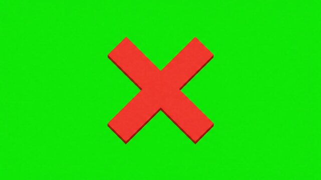 red cross animation, rotating cancel icon on green screen background perfect for error messages video overlays motion graphics UI elements and chroma key visual effects

