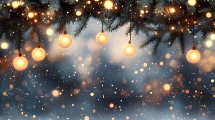 Festive christmas lights against a wintery backdrop.