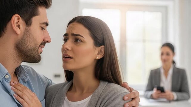 Anxious woman shaking head negatively while man agrees during stressful real estate negotiation or legal property dispute discussion