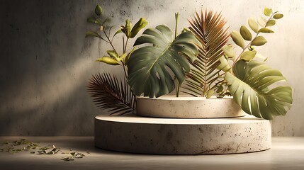 3D podium for cosmetic product display, circular platform with elegant curved edges, decorated with Monstera and fern leaves, soft shadows, simple warm tone background