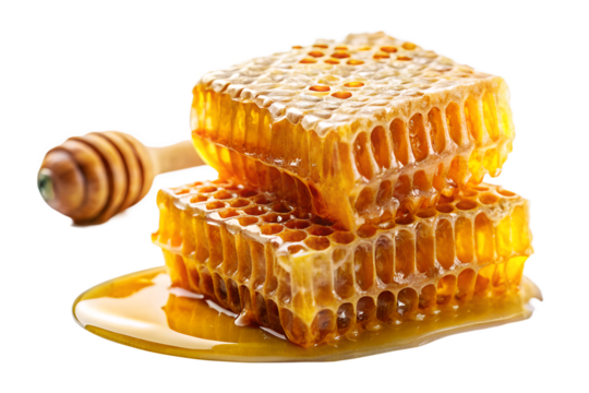 Photo of two pieces of honeycomb dripping with golden honey, isolated on transparent background