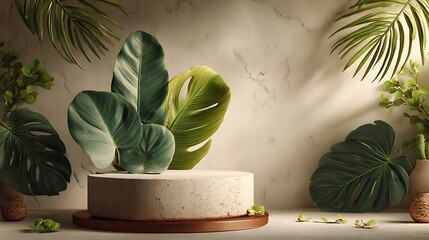 Elegant 3D display podium with smooth ceramic surface, accentuated by fresh tropical leaves, placed on off-white background, modern and minimal composition, high-resolution, cinematic lighting