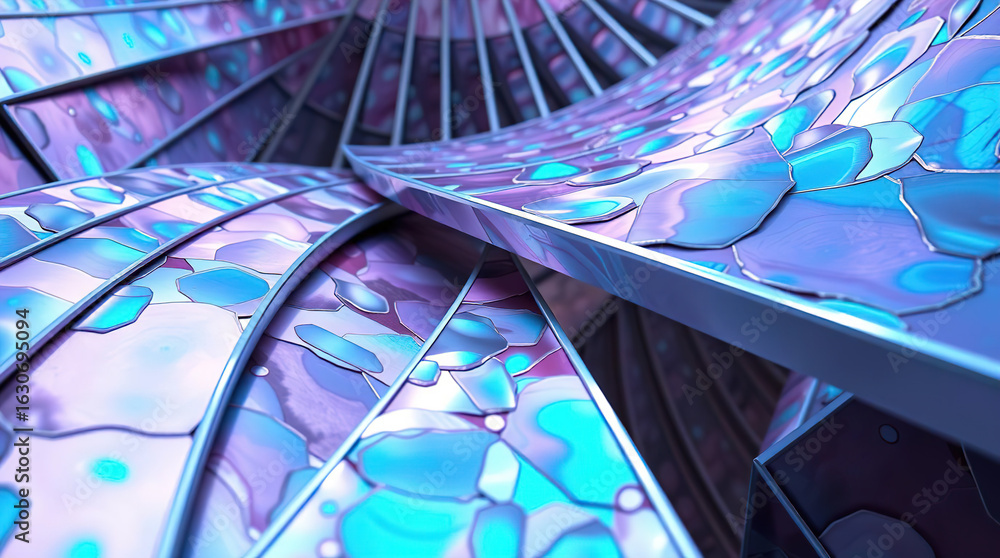 Poster abstract 3d background with mother-of-pearl metal plates in a complex geometric pattern in a three-d