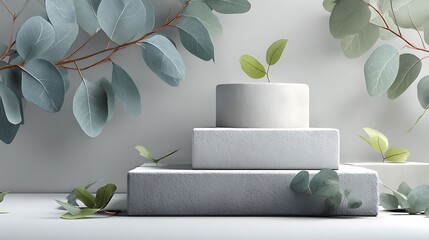 Minimalist 3D scene with two-tier podium for product showcase, surrounded by gently placed eucalyptus leaves, white and light gray color scheme, photorealistic texture,
