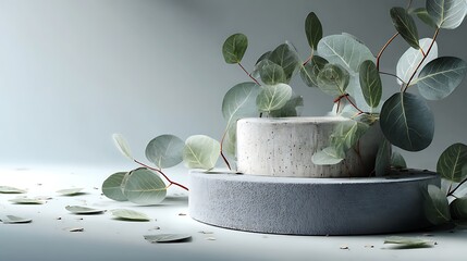 Minimalist 3D scene with two-tier podium for product showcase, surrounded by gently placed eucalyptus leaves, white and light gray color scheme, photorealistic texture