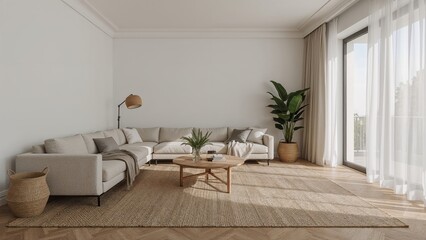 Elegant and cozy living room interior featuring neutral tones and natural light a modern space with stylish furniture and decorative elements reflecting scandinavian interior design
