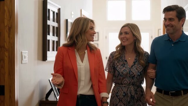 Professional realtor woman in red jacket conducting comprehensive property tour showing different rooms and spaces to interested couple
