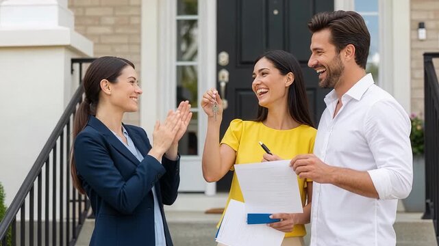 Enthusiastic realtor clapping hands while celebrating with happy couple in slow motion during successful new home purchase completion